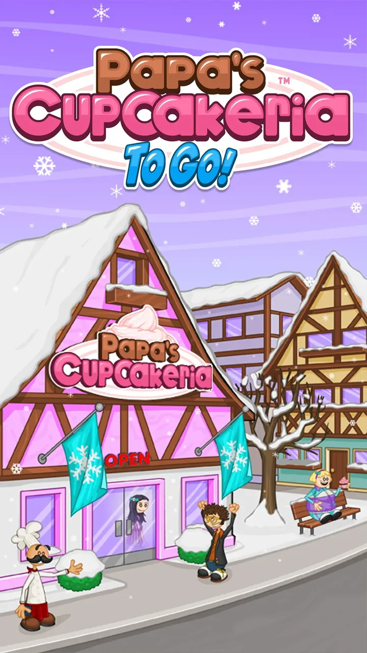 Papa's Cupcakeria To Go! title art showing the snow-covered cupcake shop on the main street