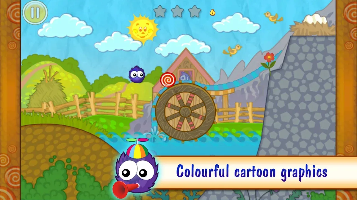 Catch The Candy Premium level with a wooden mill and a lollipop parked above the meadow